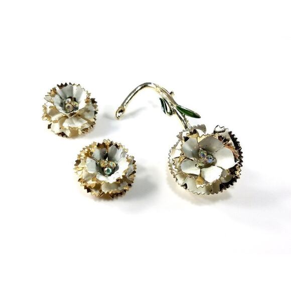 Vintage White Enamel Flower Brooch & Clip Earrings Set Gold Tone AB Rhinestones - Picture 4 of 10